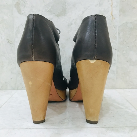 LOEFFLER RANDALL {10} Pumps Lace-Up Gray Leather Wood Heel Platform - Picture 7 of 10